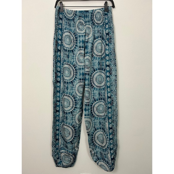Lotus and Luna Other - Lotus and Luna Teal Mandala Harem Pants Womens Medium Boho Smocked Rayon Thai